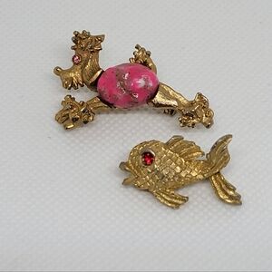 VINTAGE Set of (2) Brooches: Pink Rhodonite Stone Poodle + Gold Fish w/ Red Eyes